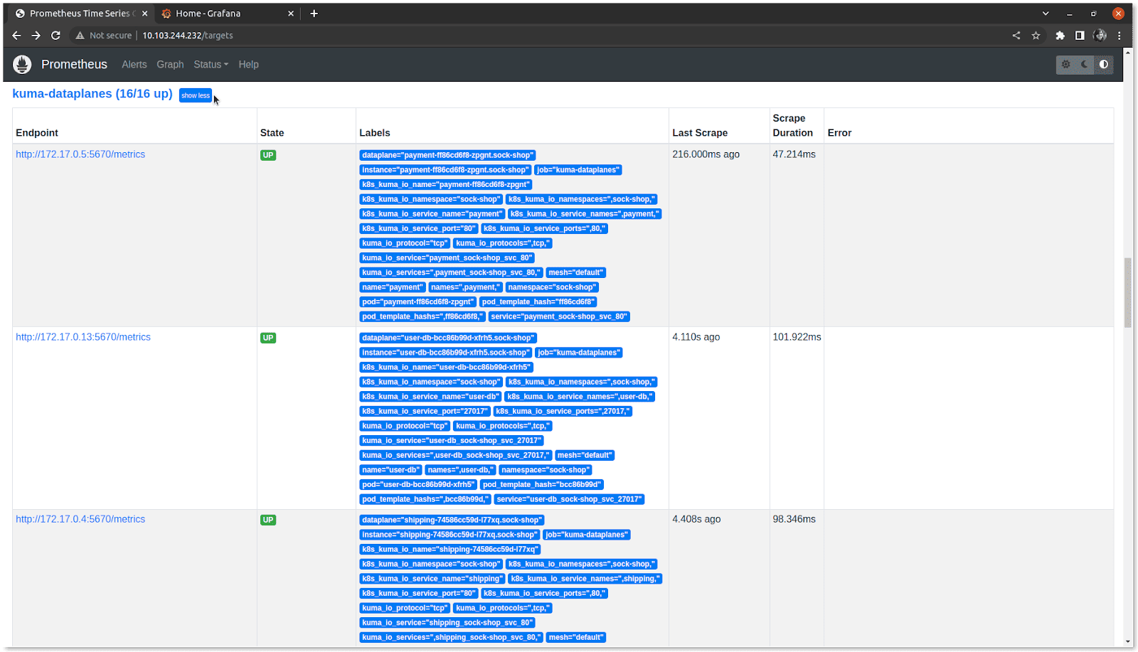 Screenshot showing verify Prometheus dashboard