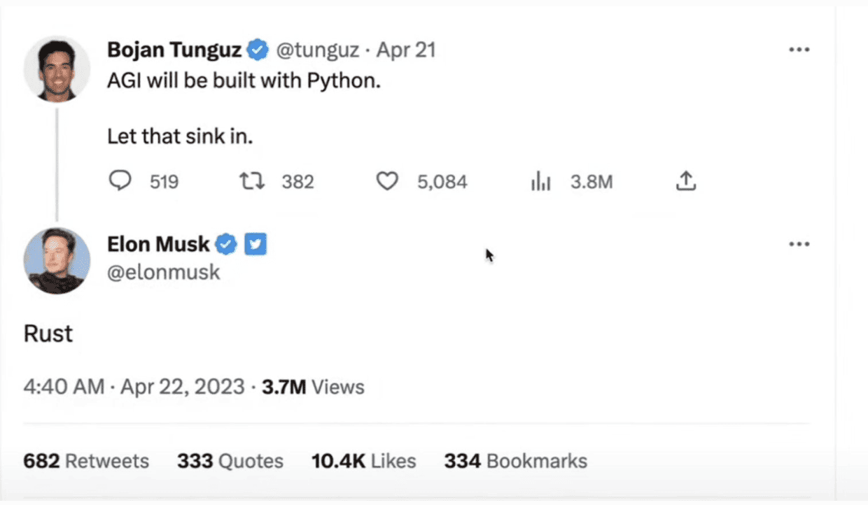 Screenshot showing Bojan Tunguz tweets "AGI will be built with Python. Let that sink in". Elon Musk tweets "Rust"