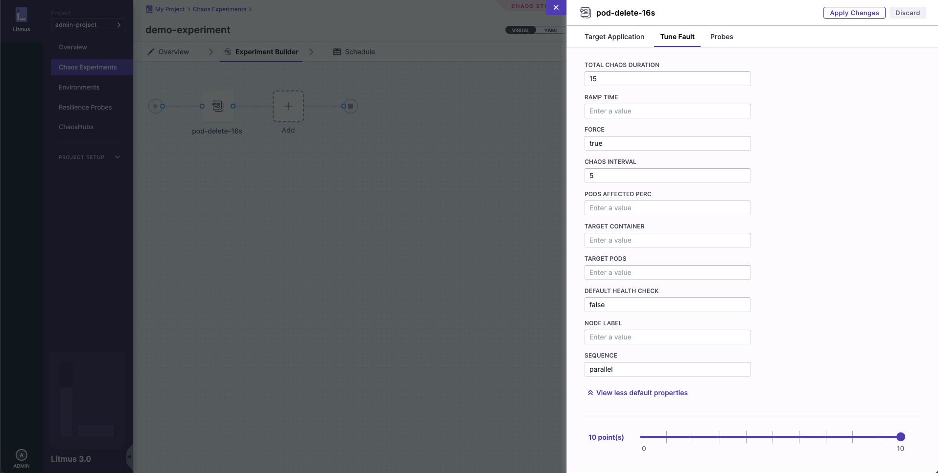 Screenshot showing Litmus dashboard highlighted on pod-delete-16s, Tune Fault