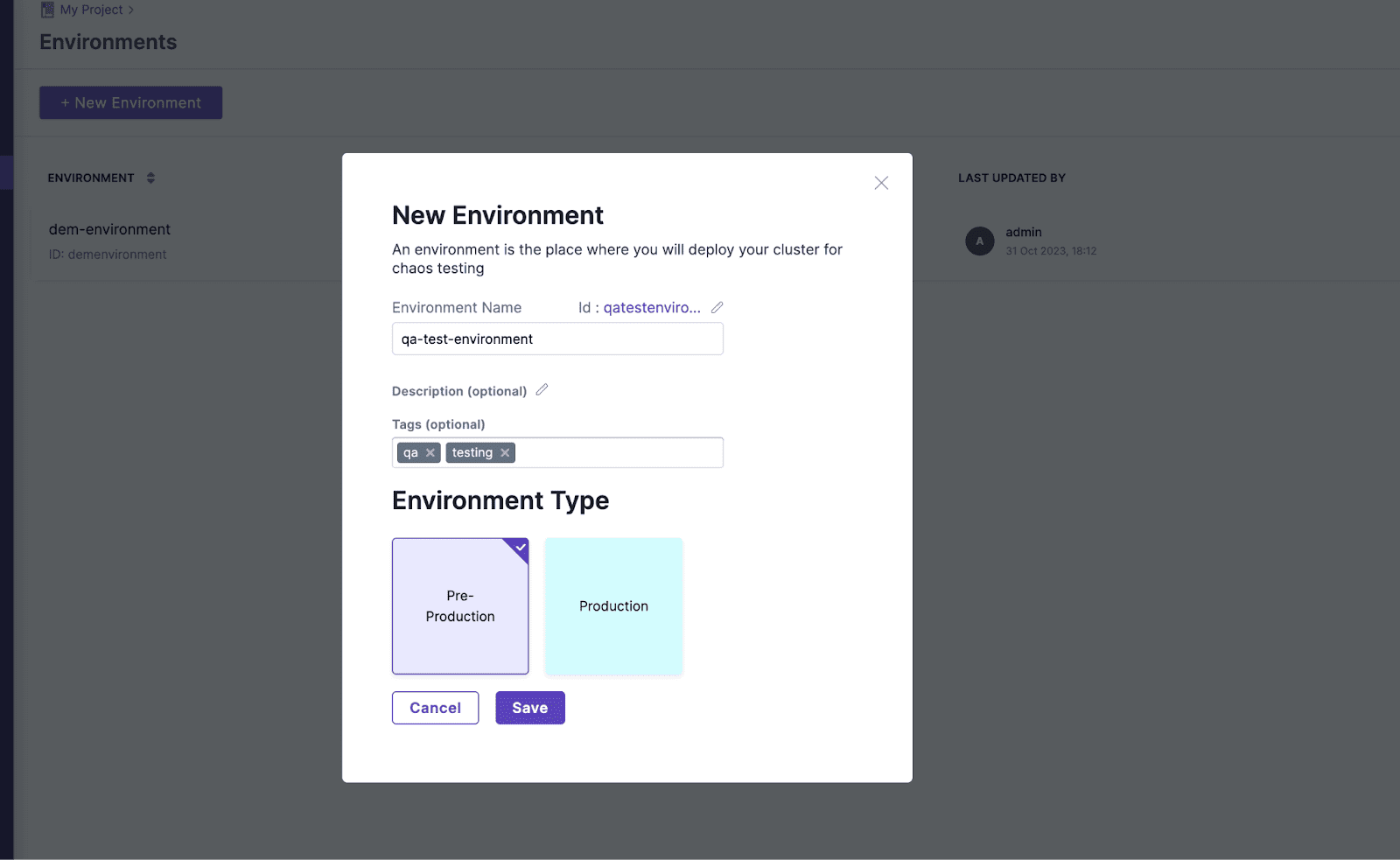 Screenshot showing new environment page on Litmus, enter "qa-test-environment" on Environment Name, QA, testing for tags, and select Pre-Production for environment type