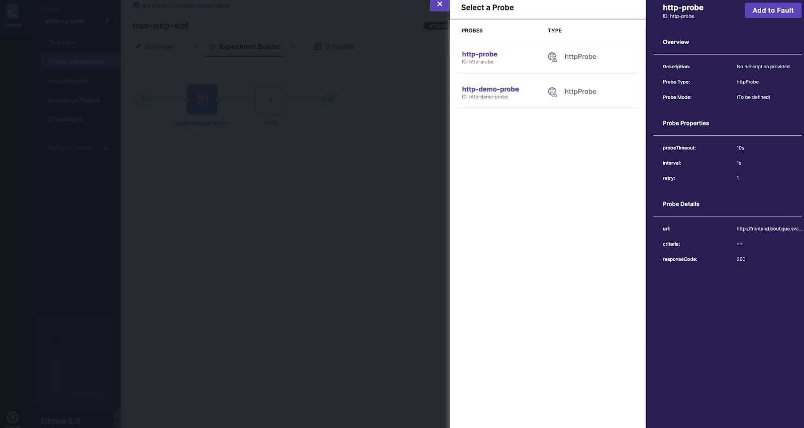 Screenshot showing select a probe on Litmus