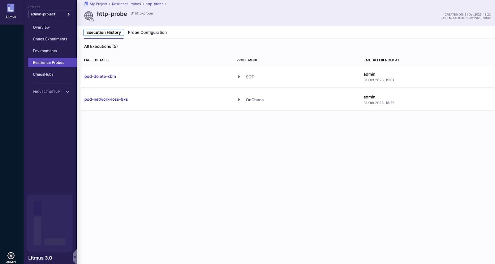 Screenshot showing Resilience Probes on Execution History page on Litmus