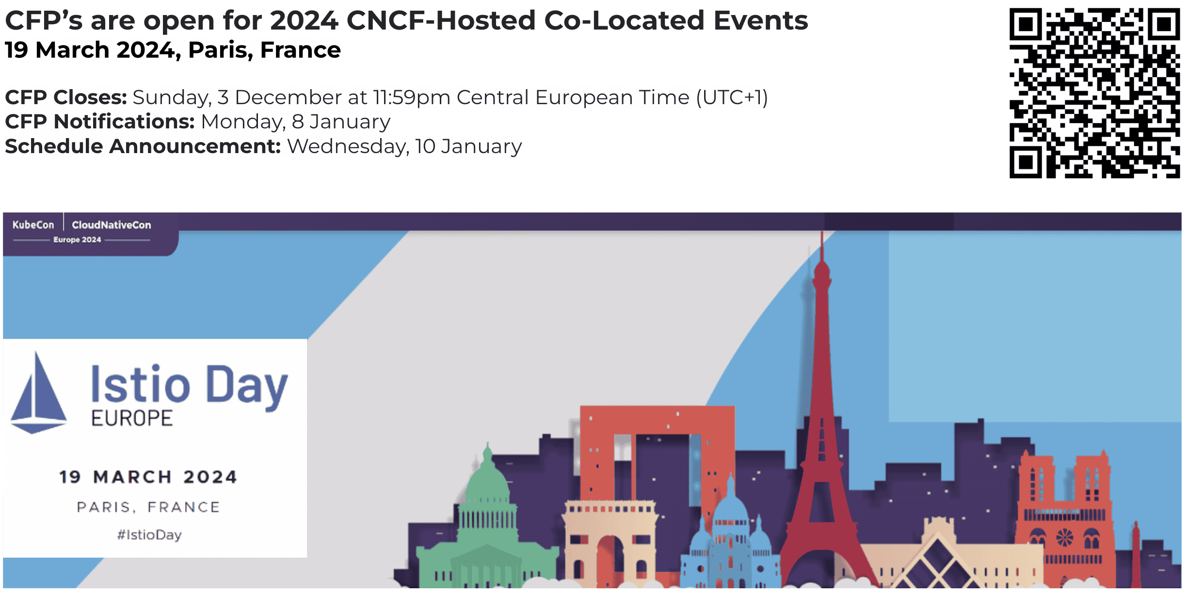 Banner announced CFP's are open for 024 CNCF-Hosted Co-Located Events on 19 March 2024, Paris, France.Istio Day Europe, 19 March 2024, Paris, France #IstioDay