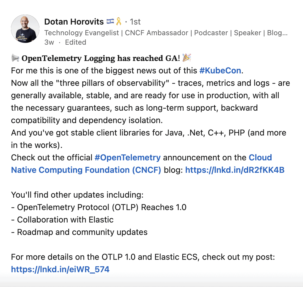 Screenshot of "OpenTelemetry Logging has reached GA!" post on LinkedIn by Dotan Horovits