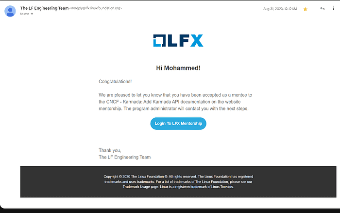 Screenshot from The LF Engineering Team to Mohammed to congratulate Mohammed that he has been accepted as mentee to the CNCF - Karmada