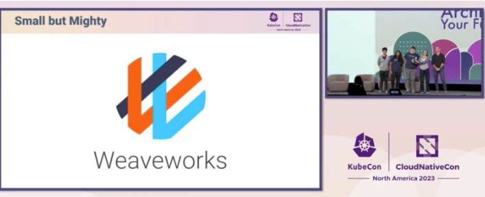 Screenshot showing Small but Mighty awards was presented to Weaveworks and was streamed online on KubeCon + CloudNativeCon North America 2023