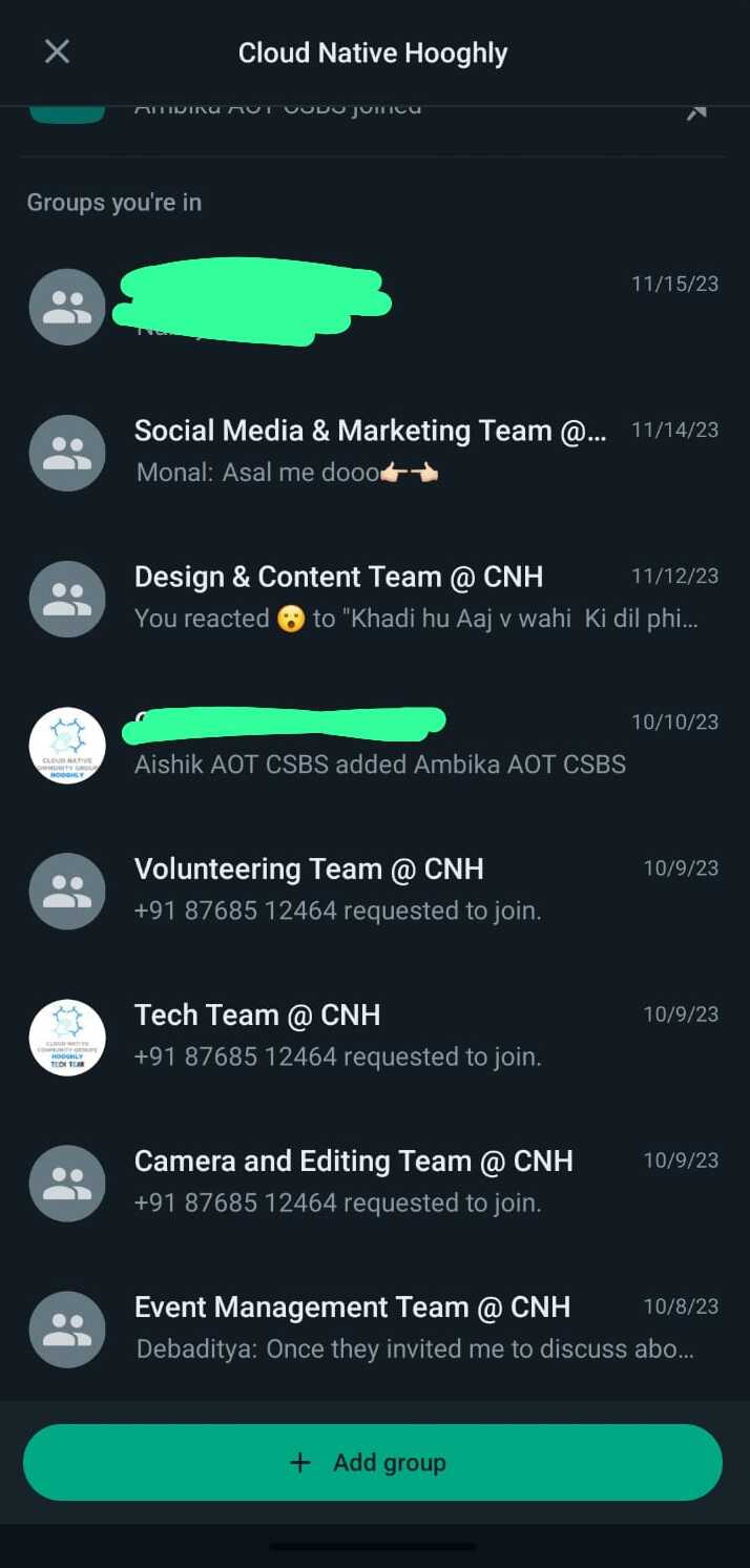 Screenshot of Whatsapp chats with Cloud Native Hooghly and Groups they're in 