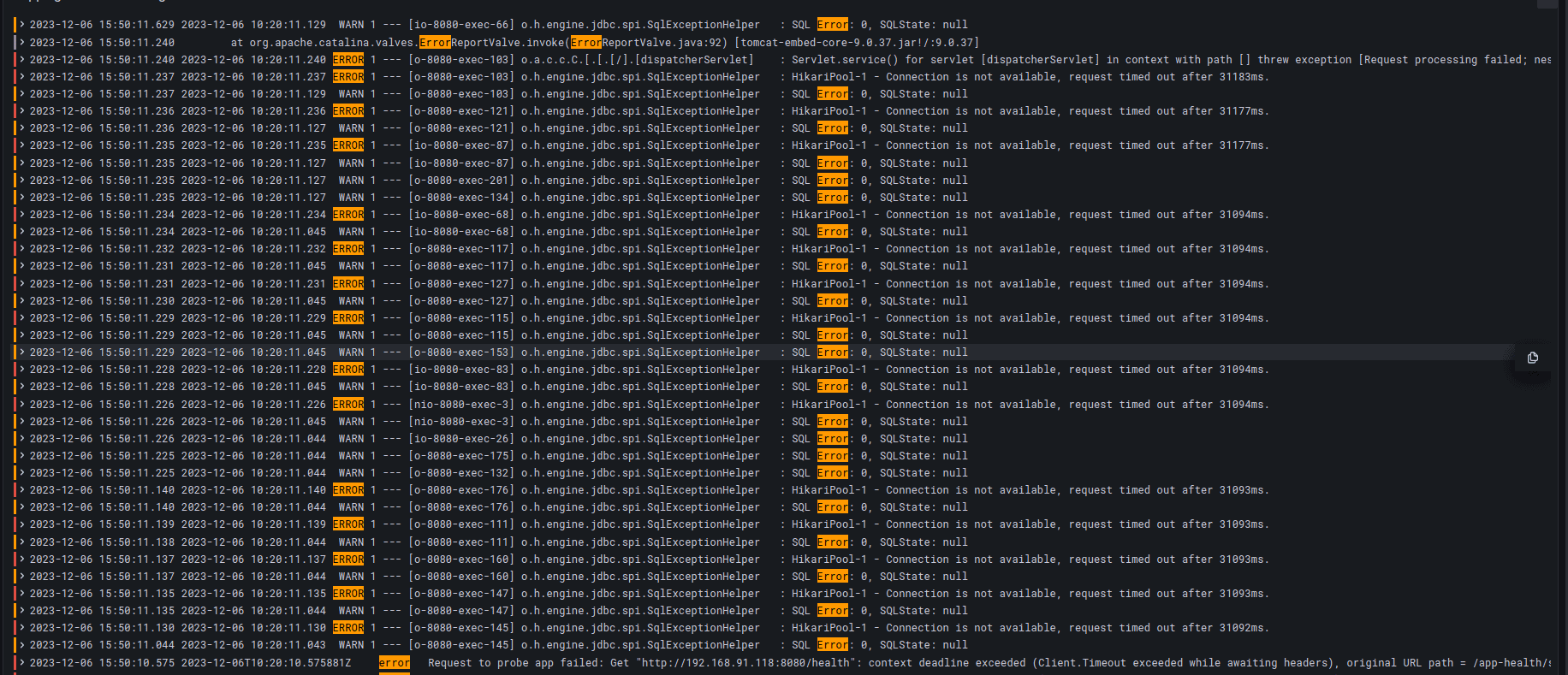Screenshot showing shipping service logs showing JDBC connection timeouts via Loki Logs
