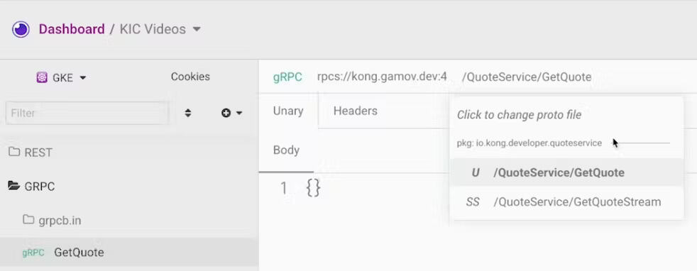 Screenshot of Insomnia dashboard, clicking gRPC, unary, body to change proto file