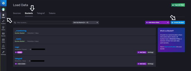 Screenshot showing the way to Create Bucket on InfluxDB Cloud