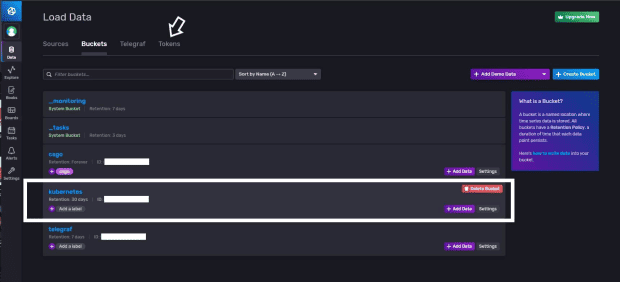 Screenshot showing Buckets window on Load Data