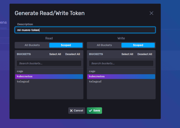 Screenshot showing Generate Read/Write Token window, description mi-nuevo-token