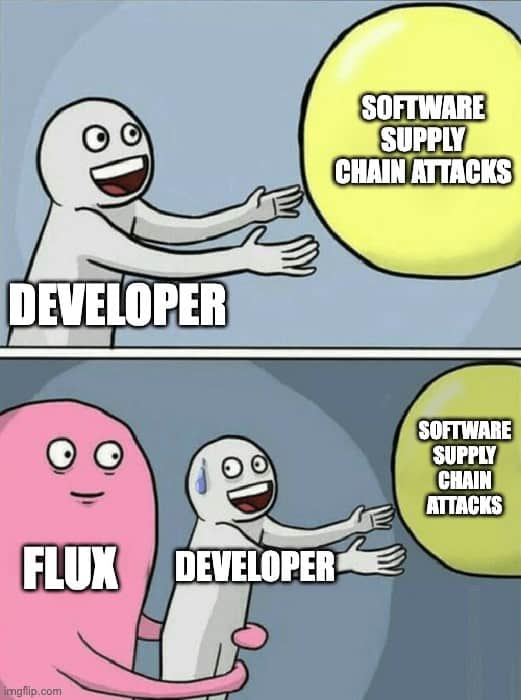 Internet meme showing developer trying to reach software supply chain attacks yet being pulled by Flux