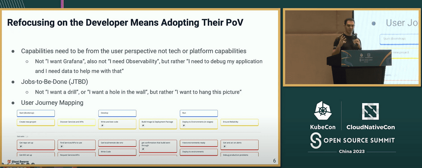 Screenshot showing Puja Abbassi presenting Refocusing on the Developer means adopting their POV at KubeCon + CloudNativeCon Open Source Summit - China 2023