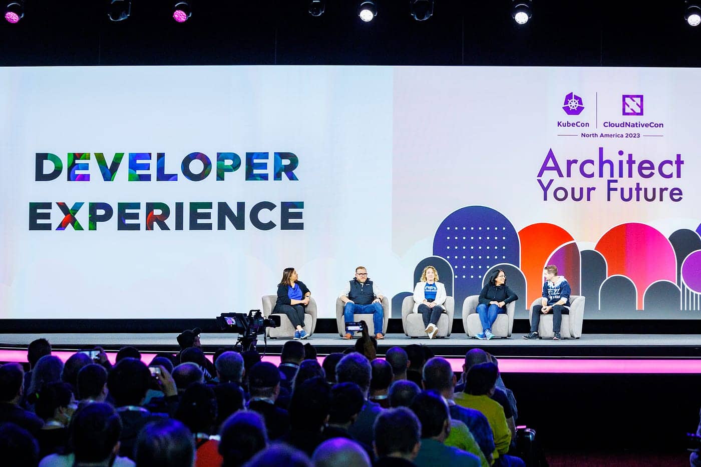 Five speaker on the stage for KubeCon CloudNativeCon North America 2023 - Architect Your Future - Developer Experience