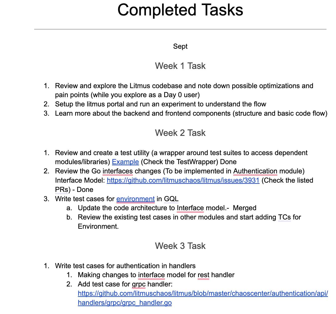Screenshot showing 3 weeks completed tasks during September