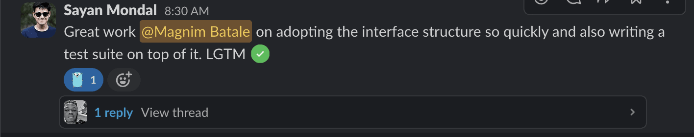 Screenshot showing Sayan Mondal mention to Magnim of his great work on adopting the interface structure so quickly and also writing a test suite on top of it.