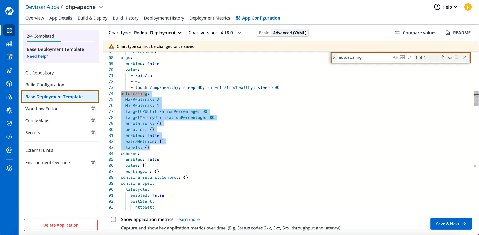 Screenshot showing Base Deployment Template page on Devtron Apps