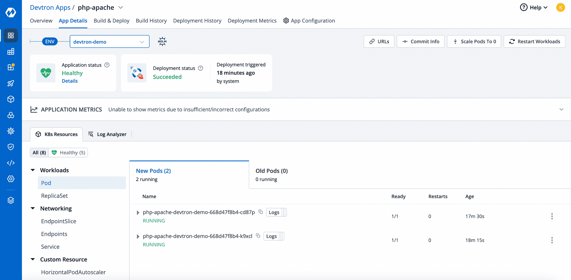 Screenshot of php-apache K8s resources page on Devtron Apps