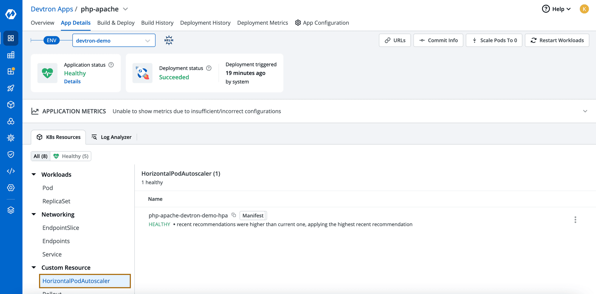 Screenshot of php-apache page, K8s resources on Devtron Apps, highlighted on HorizontalPodAutoscaler