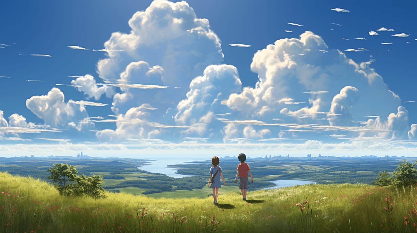 Illustration of two children walking on the hills, watching the view of the sky and land