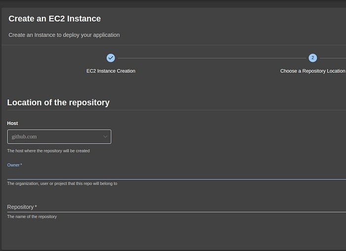 Screenshot showing create an EC2 Instance page in Step 2 (Choose a Repository Location)