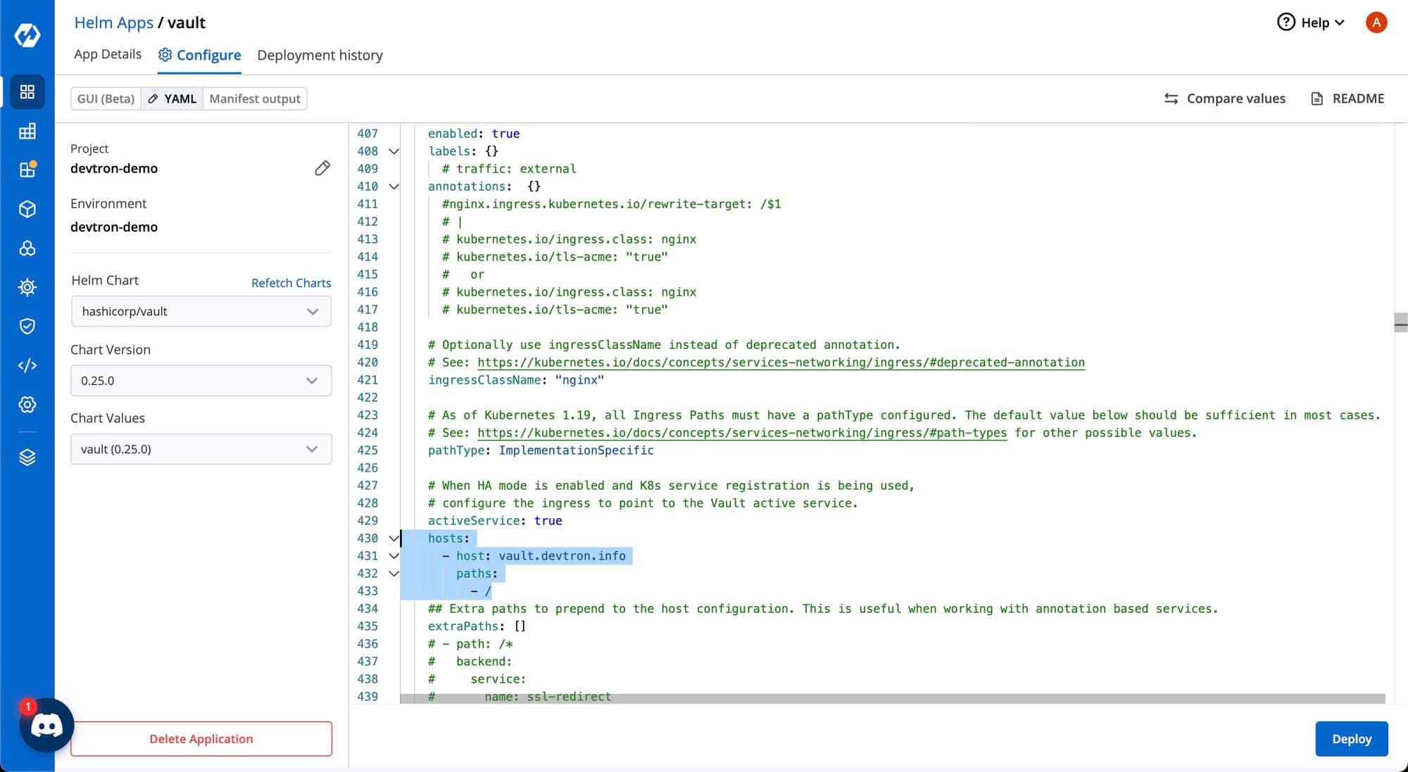 Screenshot showing Vault's Ingress configuration on Devtron