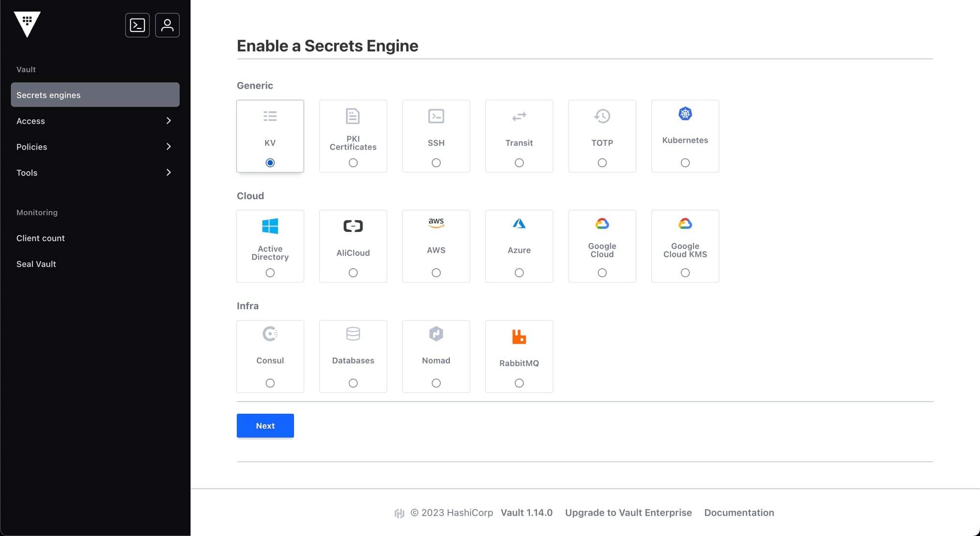 Screenshot showing Enable a Secret Engine page on Vault, select KV on Generic