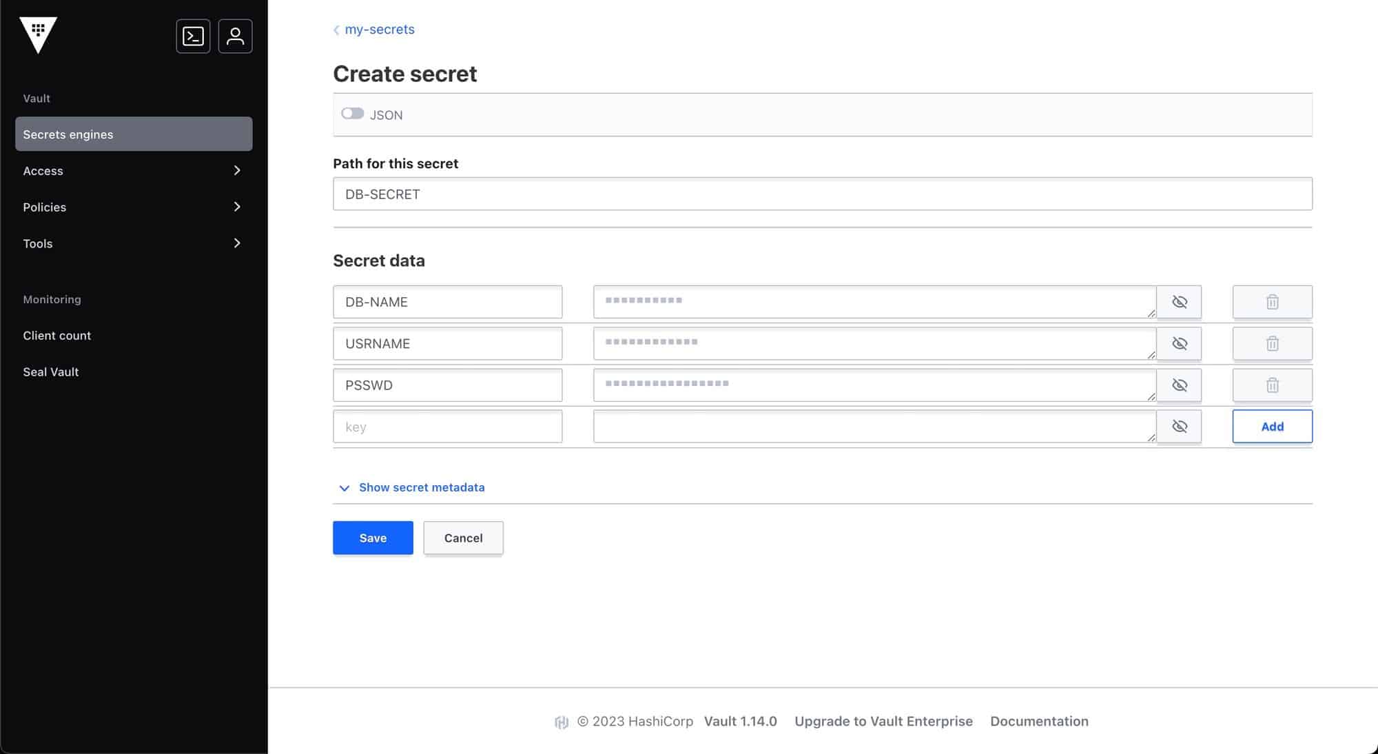 Screenshot showing Create secret page on Vault secrets engines
