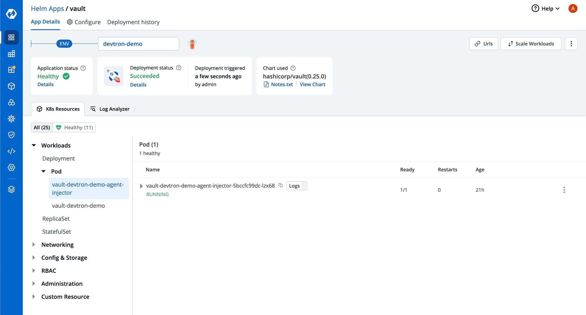 Screenshot showing Vault application on Devtron