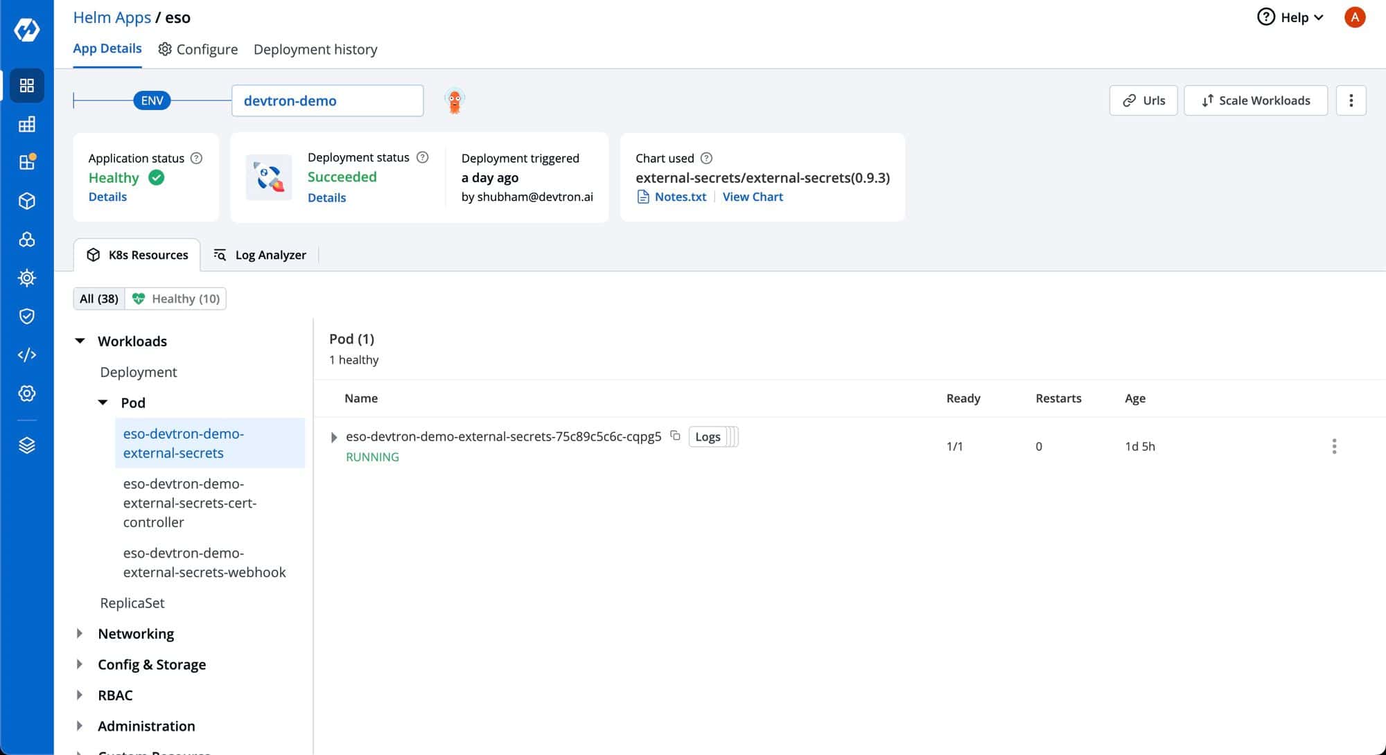 Screenshot showing Helm Apps / eso page on Devtron