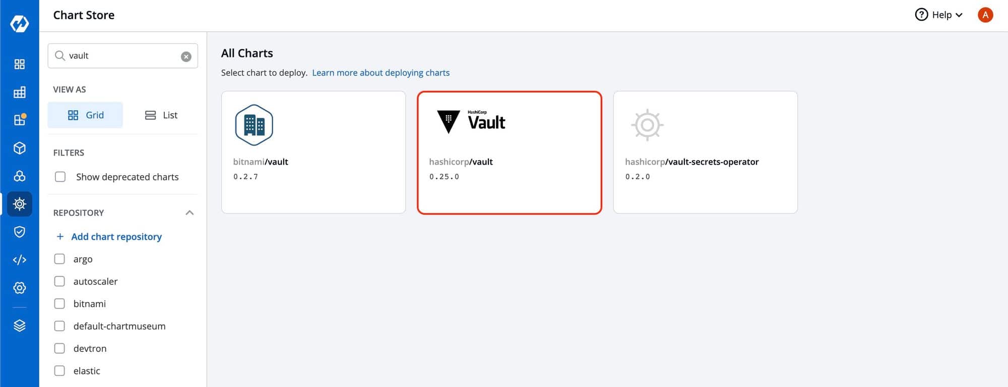 Screenshot showing HashiCrop Vault selected in Devtron's chart store