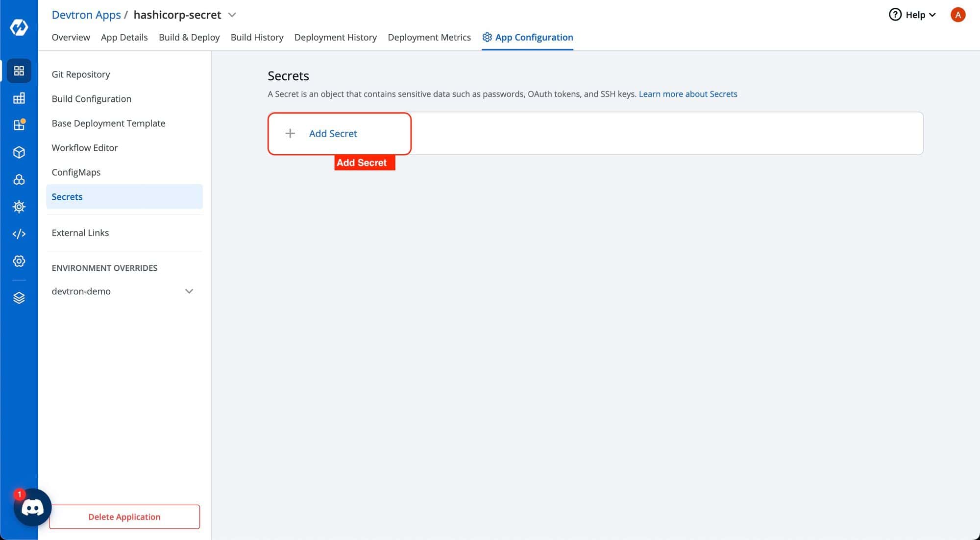 Screenshot showing hashicorp-secret on Devtron Apps