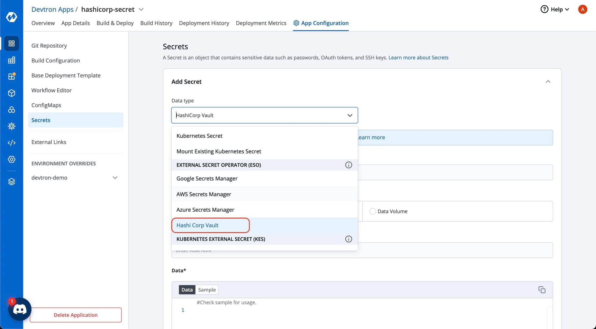 Screenshot showing Add Secret - Hashi Corp Vault on Devtron