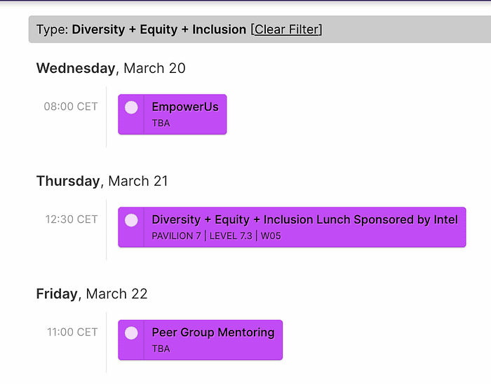 Screenshot of schedule (type: diversity + equity + inclusion) on March 20, March 21 and March 22