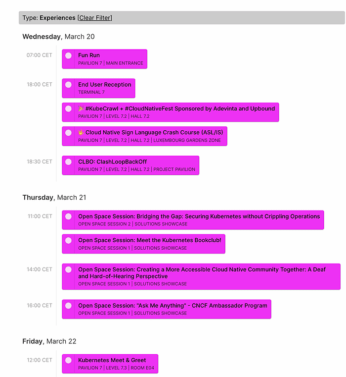Screenshot of schedule (type: experiences) on March 20, March 21 and March 22