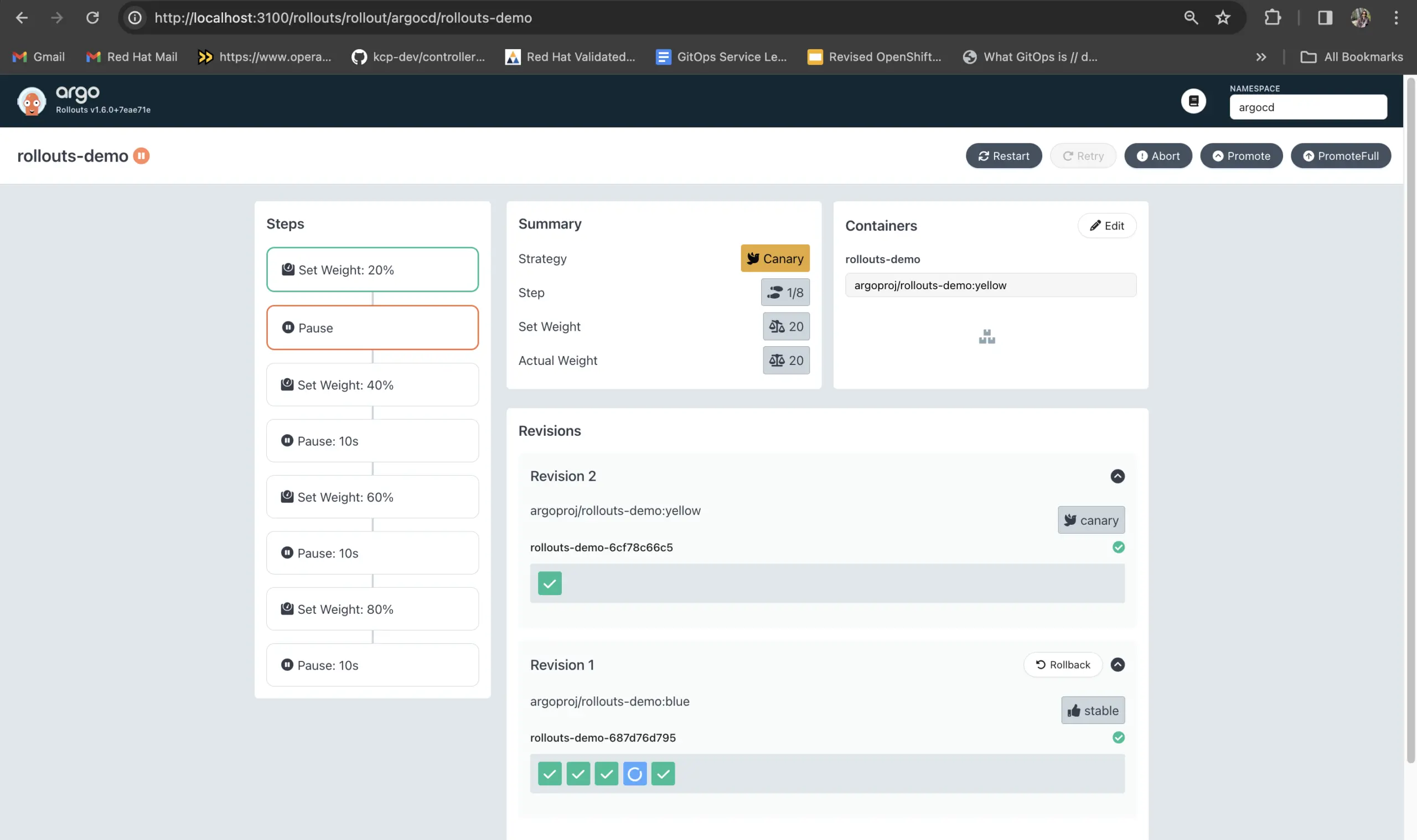 Screenshot showing Argo rolllout demo 20%