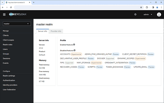 Screenshot showing Keycloak dashboard log in to the admin console with the administrator username/password (admin/admin)
