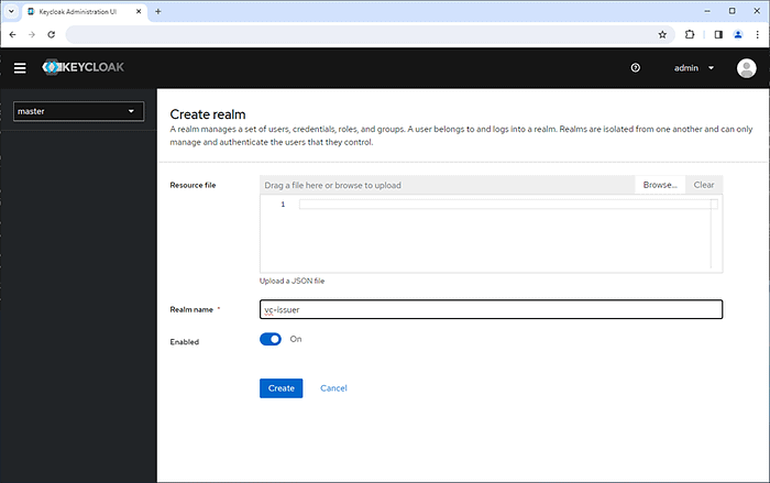 Screenshot showing create a realm “vc-issuer” on Keycloak