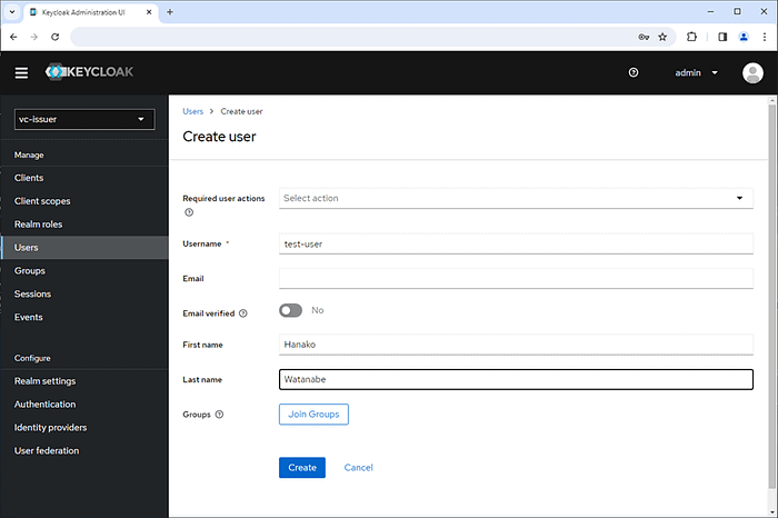 Screenshot showing create a user on Keycloak