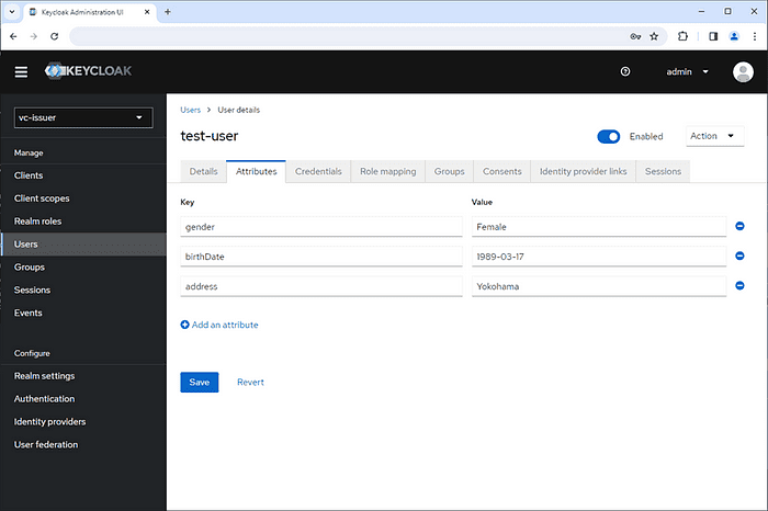 Screenshot showing set attributes for the user on Keycloak