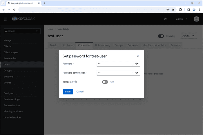 Screenshot showing set password for the user on Keycloak