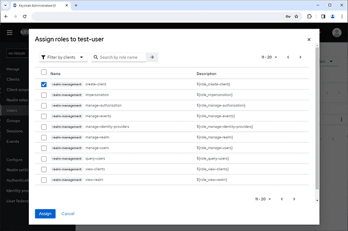 Screenshot showing assign the create-client role to the user on Keycloak