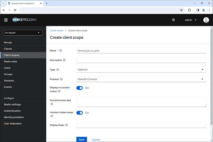 Screenshot showing Create client scopes “format_jwt_vc_json” and “types_basic4information” on Keycloak