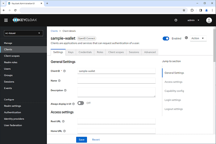 Screenshot showing create a client for the Holder “sample-wallet” on Keycloak