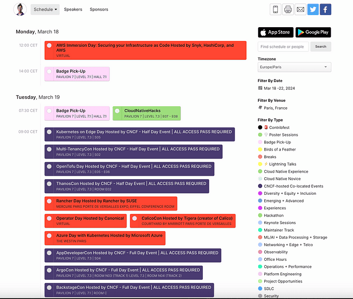 Screenshot of KubeCon Schedule on Monday, March 18 and Tuesday March 19 on Sched app