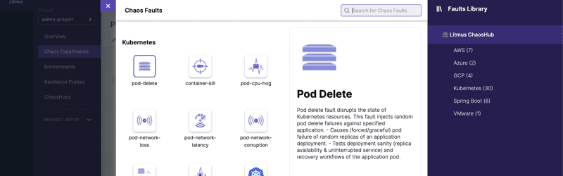 Screenshot showing Chaos Faults on Litmus