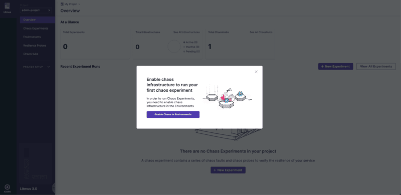 Screenshot showing popup "enable chaos infrastructure to run your first chaos experiment" on Litmus