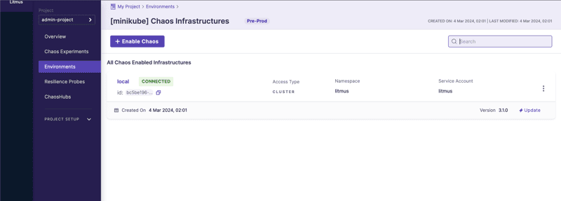 Screenshot showing [minikube] Chaos Infrastructures on Litmus