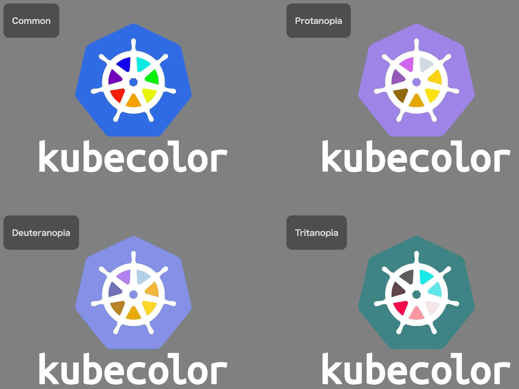 Kubecolor in common, protanopia, deuteranopia, and tritanopia